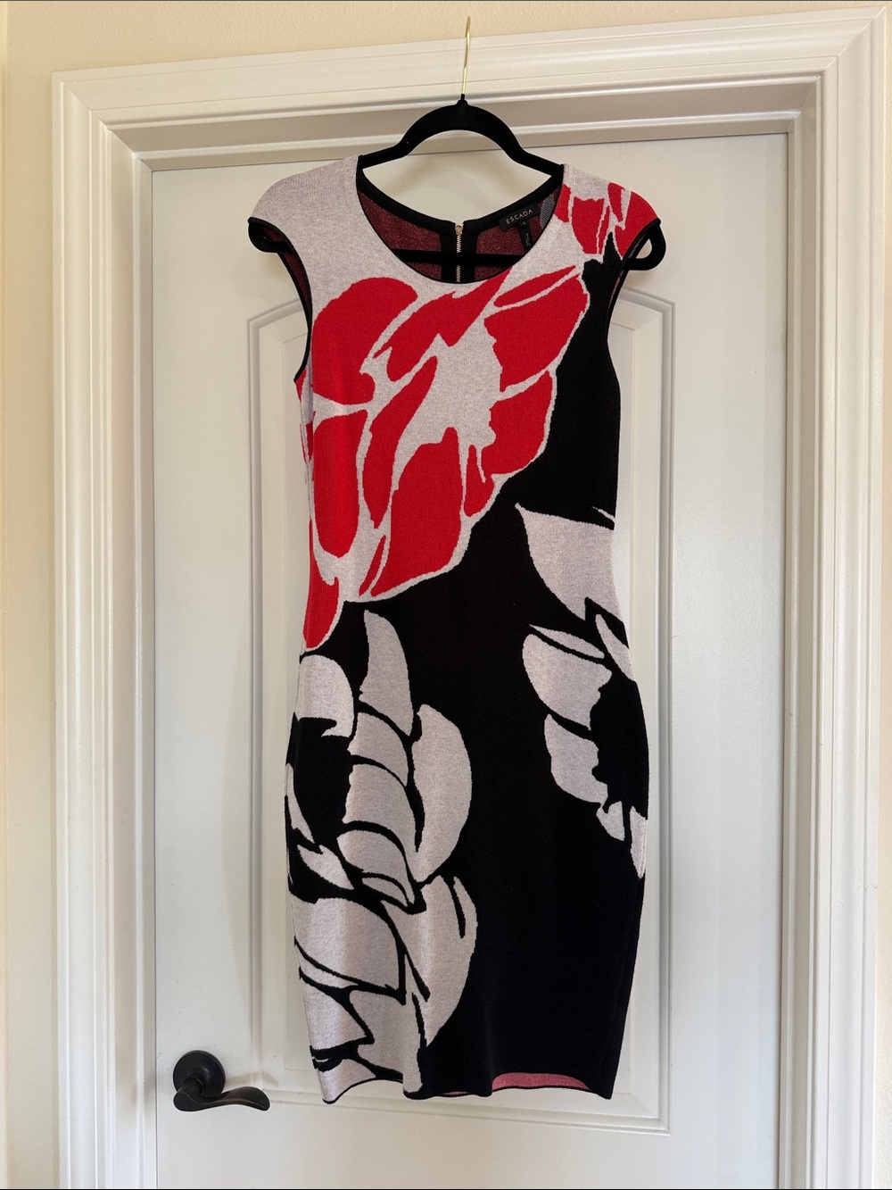 Escada Black, Red and Light Pink Floral Knit Dress